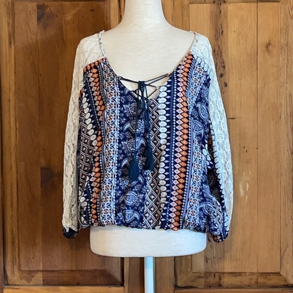 NWT Anthropologie HAZEL Blue & Orange Bohemian Style Blouse Sz. S - Picture 1 of 14